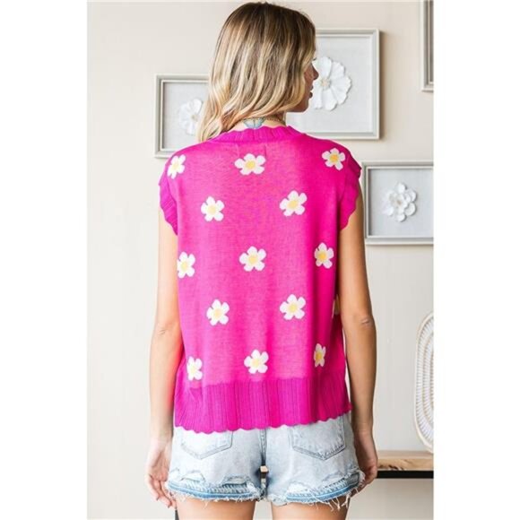 First Love Full Size Flower Pattern Round Neck Sweater Vest - Picture 2 of 5